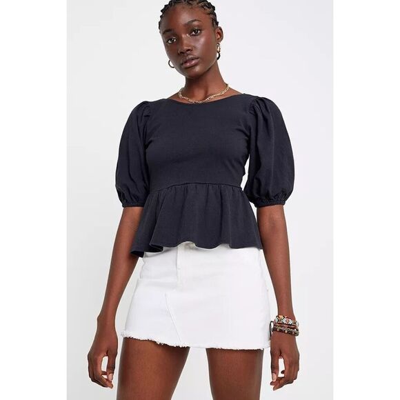 Urban Outfitters Black Rosaleen Strappy Tie Open Back Peplum Top SZ Small - Picture 1 of 9